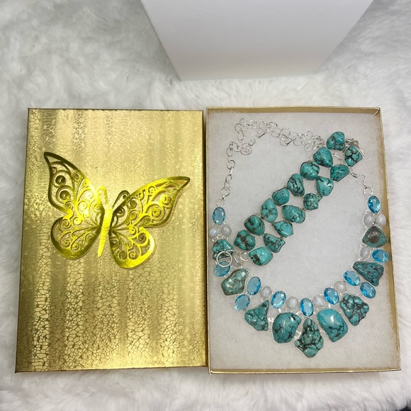Turquoise Blue Topaz Moonstone Large Gemstone Necklace & Bracelet Set - Picture 5 of 13